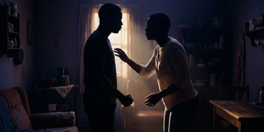 Two silhouetted figures in tense conversation as warm light breaks through, symbolizing Bible verses about arguing