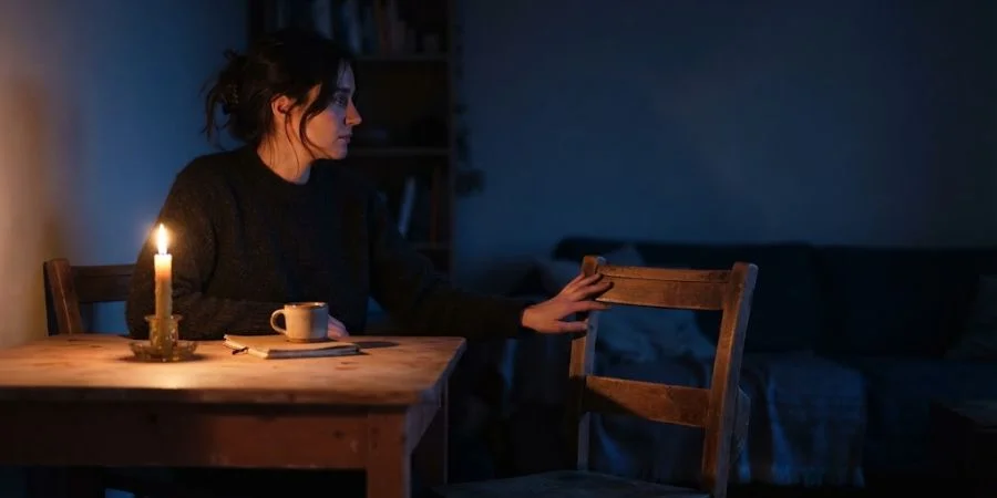 Person alone at a table beside an empty chair, symbolizing Bible verses about distance relationships and longing.