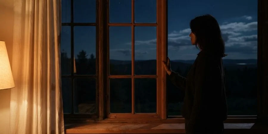 Silhouetted figure gazing out a window at night, symbolizing Bible verses about distance relationships and longing.