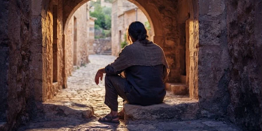 Faceless figure resting on stone steps, symbolizing Bible verses about resilience and quiet strength in hardship.