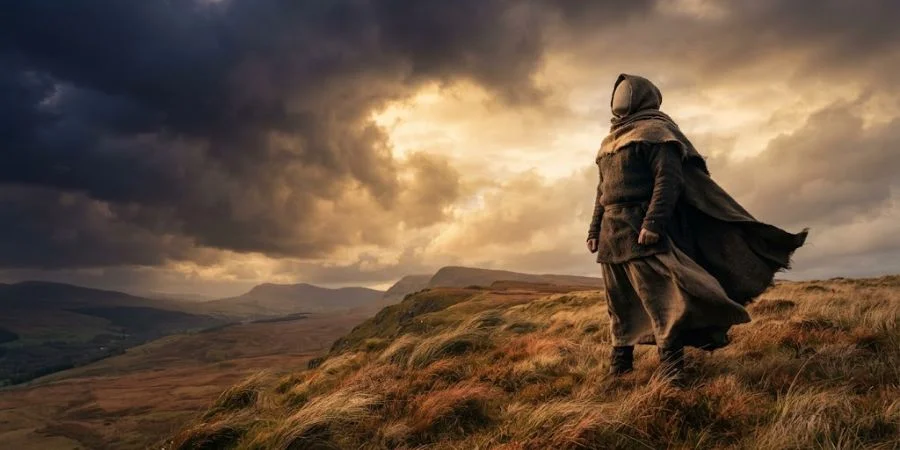 Figure standing firm against wind on a hillside, symbolizing Bible verses about resilience and courage in hardship.