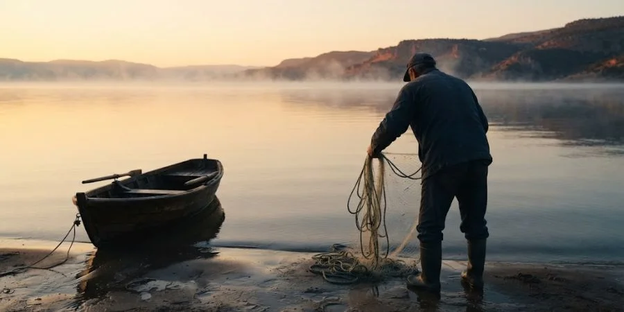 A figure gathering fishing nets at dawn by the shore, symbolizing Bible verses about second chances and new identity in Christ.