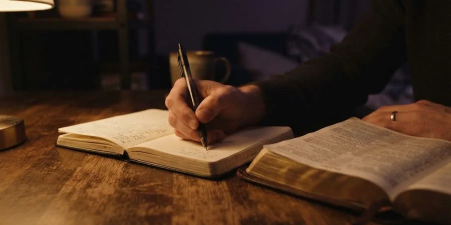 Hand writing in a journal beside an open Bible, representing applying Bible verses about worrying about the future.