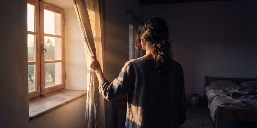 Hand opening a curtain to morning light, symbolizing Bible verses about worrying about the future and daily renewal.