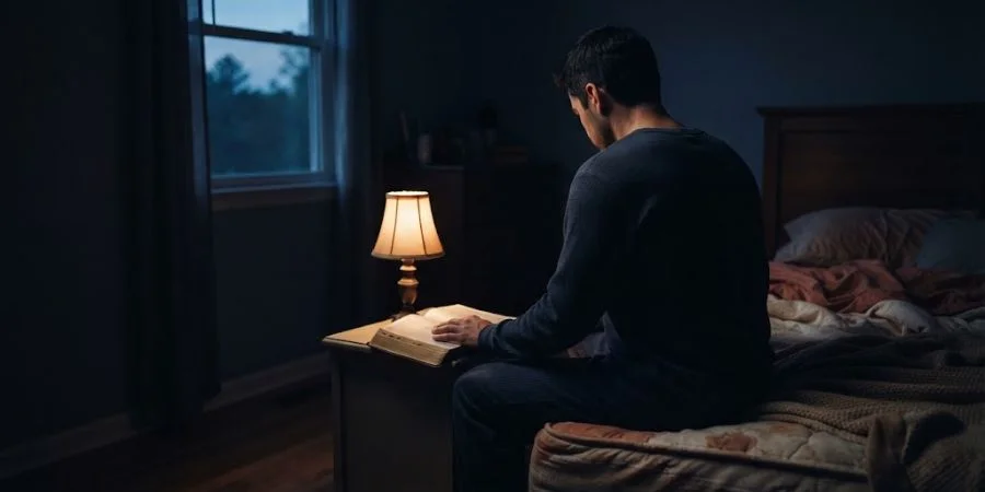 Person sitting quietly at night with an open Bible, illustrating Bible verses about worrying about the future