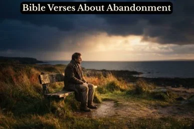 A solitary figure sits alone as warm light breaks through storm clouds, reflecting Bible verses about abandonment and God's unseen presence.