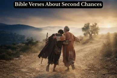 A father embracing his returning son on a sunrise road, illustrating hope in Bible verses about second chances