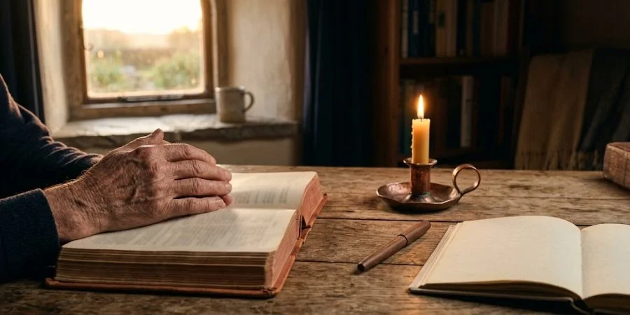 Hands resting on an open Bible beside a journal and candle, a quiet routine from Bible verses about confusion