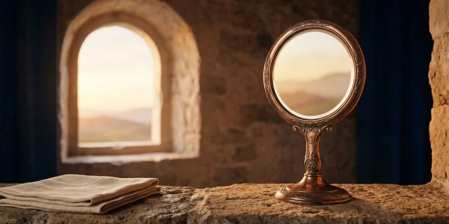 Antique bronze mirror dimly reflecting golden light, symbolizing Bible verses about confusion