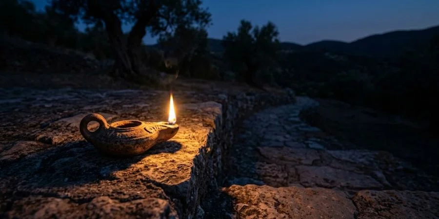 Clay oil lamp glowing on a stone path at dusk, lighting the next steps, Bible verses about confusion and direction