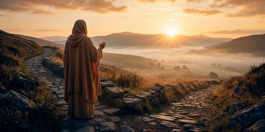 Person seen from behind at a misty fork in a path facing golden light, Bible verses about confusion