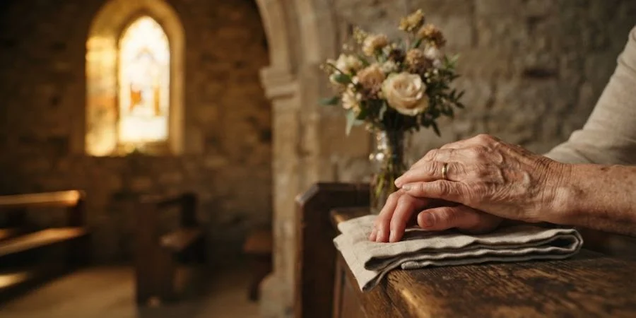 Two people holding hands in comfort in a quiet chapel, Bible verses about grief after losing a loved one