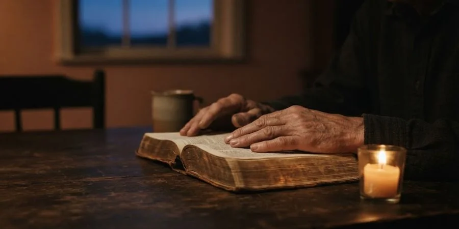 Hands resting on an open Bible by candlelight, comforting Bible verses about grief in a quiet moment of loss
