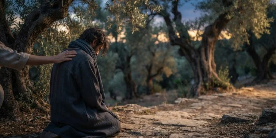 Person kneeling in prayer at dusk in an olive grove, honest sorrow and Bible verses about grief