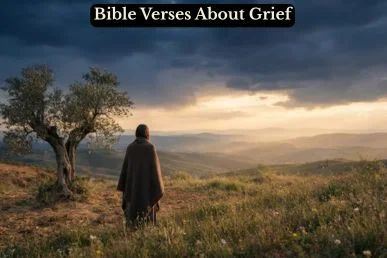 A lone figure on a hillside beneath parting clouds and golden light, symbolizing hope in Bible verses about grief